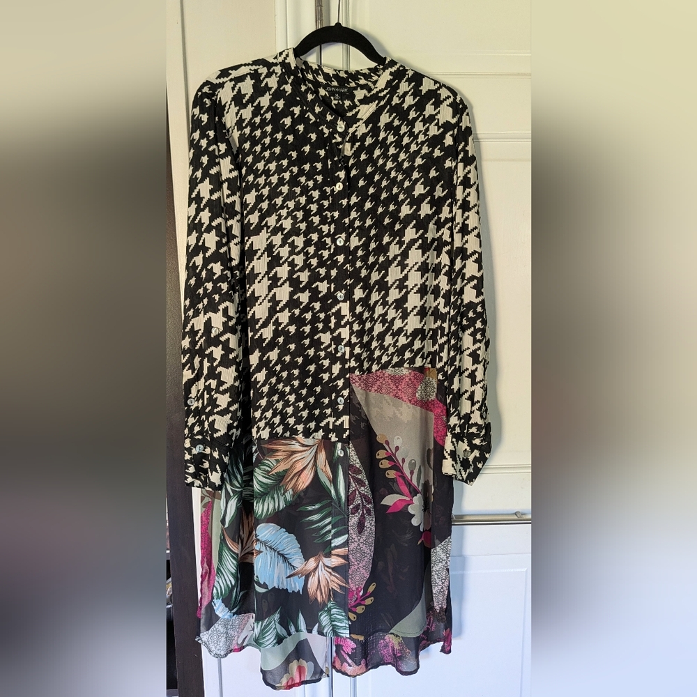 John Mark Black & White Houndstooth Floral Mixed Print Blouse SZ XL